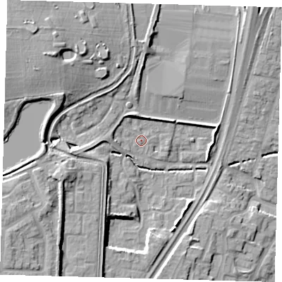 Shaded relief map of the ground around EN80QU, computed from Environment Agency LiDAR. The ground here sits at about 29 m above sea level and falls 15 m across the surrounding 800 m. Surface water reaching this point runs off ground lying to the west, 2.7 m higher.