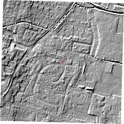 Shaded relief map of the ground around EN80RL, computed from Environment Agency LiDAR. The ground here sits at about 23 m above sea level and falls 9 m across the surrounding 800 m. Surface water reaching this point runs off ground lying to the west, 3.0 m higher.