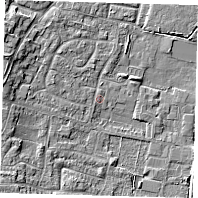 Shaded relief map of the ground around EN80RX, computed from Environment Agency LiDAR. The ground here sits at about 22 m above sea level and falls 9 m across the surrounding 800 m. Surface water reaching this point runs off ground lying to the west-north-west, 6.0 m higher.