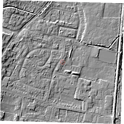 Shaded relief map of the ground around EN80RZ, computed from Environment Agency LiDAR. The ground here sits at about 23 m above sea level and falls 7 m across the surrounding 800 m. Surface water reaching this point runs off ground lying to the west-south-west, 0.9 m higher.