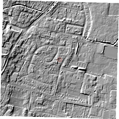 Shaded relief map of the ground around EN80SA, computed from Environment Agency LiDAR. The ground here sits at about 23 m above sea level and falls 8 m across the surrounding 800 m. Surface water reaching this point runs off ground lying to the west-north-west, 3.5 m higher.