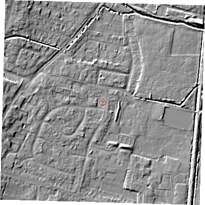 Shaded relief map of the ground around EN80SB, computed from Environment Agency LiDAR. The ground here sits at about 23 m above sea level and falls 8 m across the surrounding 800 m. Surface water reaching this point runs off ground lying to the west-north-west, 2.3 m higher.