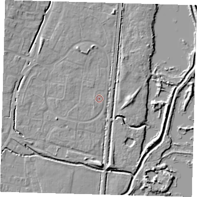 Shaded relief map of the ground around EN80SG, computed from Environment Agency LiDAR. The ground here sits at about 23 m above sea level and falls 8 m across the surrounding 800 m. Surface water reaching this point runs off ground lying to the south-south-west, 0.5 m higher.
