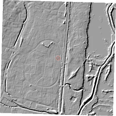 Shaded relief map of the ground around EN80SQ, computed from Environment Agency LiDAR. The ground here sits at about 23 m above sea level and falls 9 m across the surrounding 800 m. Surface water reaching this point runs off ground lying to the north-west, 2.7 m higher.