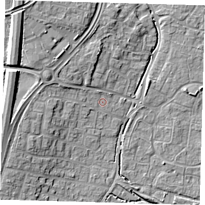 Shaded relief map of the ground around EN80TE, computed from Environment Agency LiDAR. The ground here sits at about 25 m above sea level and falls 14 m across the surrounding 800 m. Surface water reaching this point runs off ground lying to the north-north-west, 1.5 m higher.