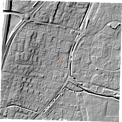 Shaded relief map of the ground around EN80TR, computed from Environment Agency LiDAR. The ground here sits at about 24 m above sea level and falls 14 m across the surrounding 800 m. Surface water reaching this point runs off ground lying to the north-west, 1.4 m higher.