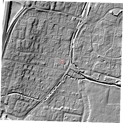 Shaded relief map of the ground around EN80TS, computed from Environment Agency LiDAR. The ground here sits at about 24 m above sea level and falls 13 m across the surrounding 800 m. Surface water reaching this point runs off ground lying to the west-north-west, 7.0 m higher.