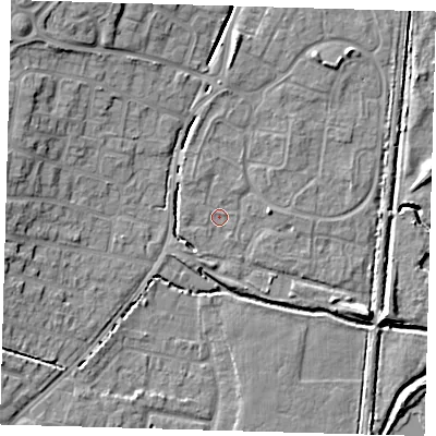 Shaded relief map of the ground around EN80XB, computed from Environment Agency LiDAR. The ground here sits at about 23 m above sea level and falls 10 m across the surrounding 800 m. Surface water reaching this point runs off ground lying to the west-south-west, 1.0 m higher.