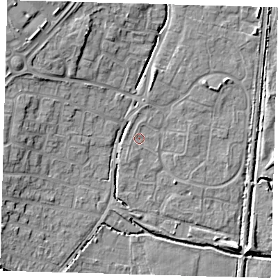 Shaded relief map of the ground around EN80XD, computed from Environment Agency LiDAR. The ground here sits at about 24 m above sea level and falls 12 m across the surrounding 800 m. Surface water reaching this point runs off ground lying to the north, 1.2 m higher.