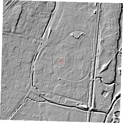 Shaded relief map of the ground around EN80XE, computed from Environment Agency LiDAR. The ground here sits at about 24 m above sea level and falls 11 m across the surrounding 800 m. Surface water reaching this point runs off ground lying to the north-north-east, 0.7 m higher.