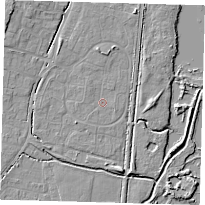Shaded relief map of the ground around EN80XF, computed from Environment Agency LiDAR. The ground here sits at about 23 m above sea level and falls 9 m across the surrounding 800 m. Surface water reaching this point runs off ground lying to the north-north-west, 1.2 m higher.