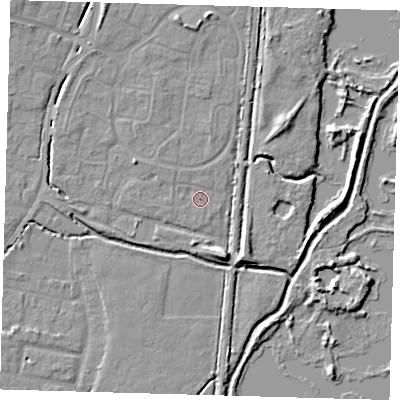 Shaded relief map of the ground around EN80XG, computed from Environment Agency LiDAR. The ground here sits at about 23 m above sea level and falls 7 m across the surrounding 800 m. Surface water reaching this point runs off ground lying to the north-west, 1.8 m higher.