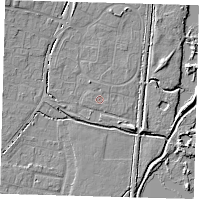 Shaded relief map of the ground around EN80XH, computed from Environment Agency LiDAR. The ground here sits at about 23 m above sea level and falls 8 m across the surrounding 800 m. Surface water reaching this point runs off ground lying to the west, 0.8 m higher.