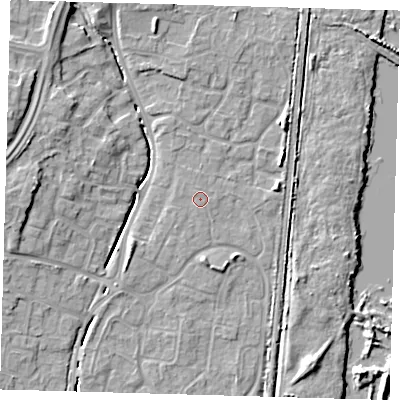Shaded relief map of the ground around EN80XJ, computed from Environment Agency LiDAR. The ground here sits at about 25 m above sea level and falls 11 m across the surrounding 800 m. The ground contributing surface water to this point lies to the north-north-west.