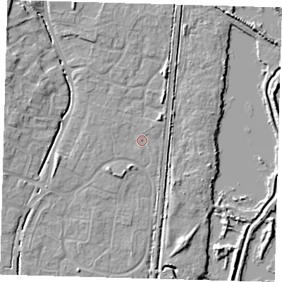 Shaded relief map of the ground around EN80XL, computed from Environment Agency LiDAR. The ground here sits at about 24 m above sea level and falls 9 m across the surrounding 800 m. Surface water reaching this point runs off ground lying to the west-north-west, 0.8 m higher.