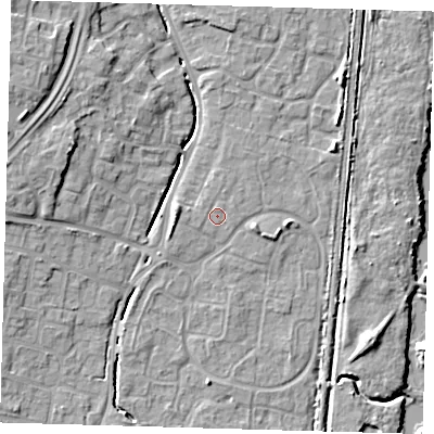 Shaded relief map of the ground around EN80XN, computed from Environment Agency LiDAR. The ground here sits at about 24 m above sea level and falls 11 m across the surrounding 800 m. Surface water reaching this point runs off ground lying to the north, 0.6 m higher.