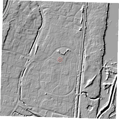 Shaded relief map of the ground around EN80XP, computed from Environment Agency LiDAR. The ground here sits at about 24 m above sea level and falls 11 m across the surrounding 800 m. The ground contributing surface water to this point lies to the west-south-west.