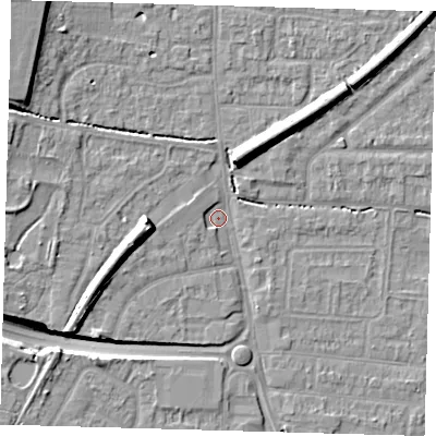Shaded relief map of the ground around EN87AT, computed from Environment Agency LiDAR. The ground here sits at about 21 m above sea level and falls 12 m across the surrounding 800 m. Surface water reaching this point runs off ground lying to the west, 7.8 m higher.
