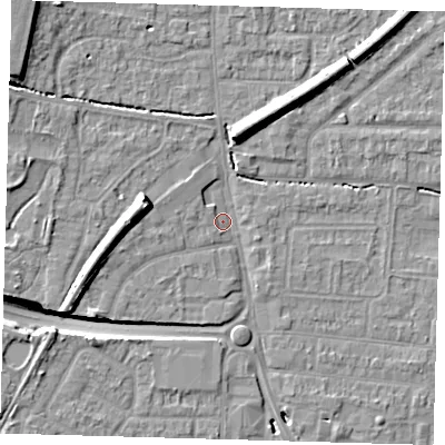 Shaded relief map of the ground around EN87BE, computed from Environment Agency LiDAR. The ground here sits at about 21 m above sea level and falls 12 m across the surrounding 800 m. Surface water reaching this point runs off ground lying to the west-north-west, 7.8 m higher.