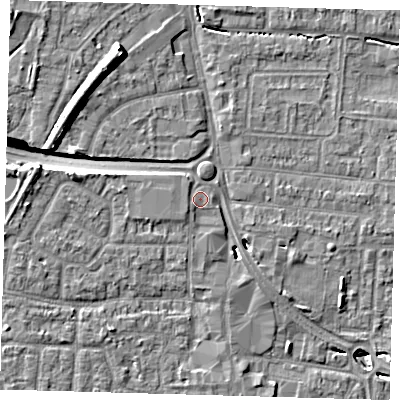 Shaded relief map of the ground around EN87BJ, computed from Environment Agency LiDAR. The ground here sits at about 22 m above sea level and falls 12 m across the surrounding 800 m. Surface water reaching this point runs off ground lying to the west-south-west, 0.8 m higher.