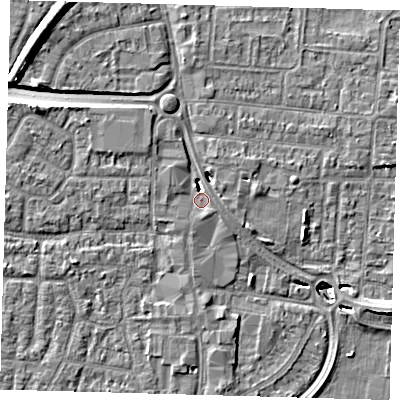 Shaded relief map of the ground around EN87DF, computed from Environment Agency LiDAR. The ground here sits at about 21 m above sea level and falls 11 m across the surrounding 800 m. Surface water reaching this point runs off ground lying to the north-west, 2.3 m higher.