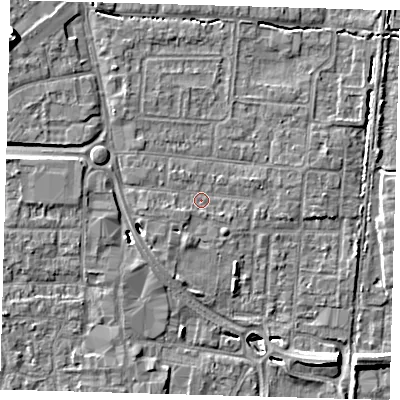 Shaded relief map of the ground around EN87DL, computed from Environment Agency LiDAR. The ground here sits at about 20 m above sea level and falls 12 m across the surrounding 800 m. Surface water reaching this point runs off ground lying to the north-west, 9.9 m higher.