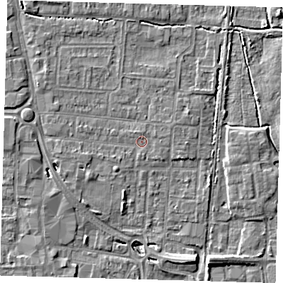 Shaded relief map of the ground around EN87DN, computed from Environment Agency LiDAR. The ground here sits at about 20 m above sea level and falls 8 m across the surrounding 800 m. Surface water reaching this point runs off ground lying to the west-north-west, 4.5 m higher.