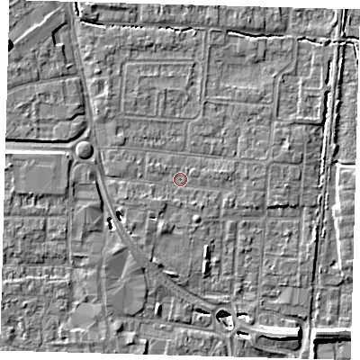 Shaded relief map of the ground around EN87DW, computed from Environment Agency LiDAR. The ground here sits at about 20 m above sea level and falls 11 m across the surrounding 800 m. Surface water reaching this point runs off ground lying to the north-west, 9.3 m higher.