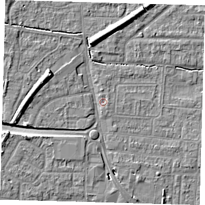 Shaded relief map of the ground around EN87DZ, computed from Environment Agency LiDAR. The ground here sits at about 21 m above sea level and falls 11 m across the surrounding 800 m. Surface water reaching this point runs off ground lying to the west-north-west, 7.8 m higher.