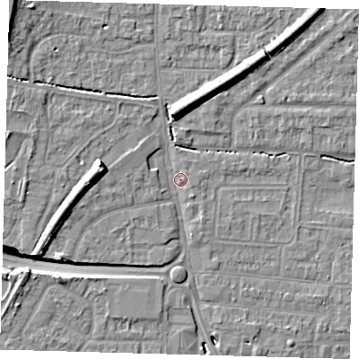 Shaded relief map of the ground around EN87EA, computed from Environment Agency LiDAR. The ground here sits at about 21 m above sea level and falls 12 m across the surrounding 800 m. Surface water reaching this point runs off ground lying to the west, 7.8 m higher.