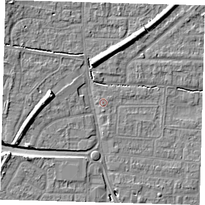 Shaded relief map of the ground around EN87EH, computed from Environment Agency LiDAR. The ground here sits at about 22 m above sea level and falls 11 m across the surrounding 800 m. Surface water reaching this point runs off ground lying to the south-south-west, 0.7 m higher.