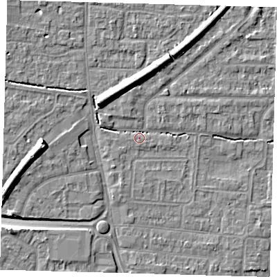 Shaded relief map of the ground around EN87EJ, computed from Environment Agency LiDAR. The ground here sits at about 21 m above sea level and falls 10 m across the surrounding 800 m. Surface water reaching this point runs off ground lying to the west-north-west, 2.6 m higher.