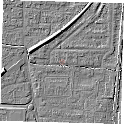 Shaded relief map of the ground around EN87EL, computed from Environment Agency LiDAR. The ground here sits at about 21 m above sea level and falls 10 m across the surrounding 800 m. Surface water reaching this point runs off ground lying to the west, 2.8 m higher.