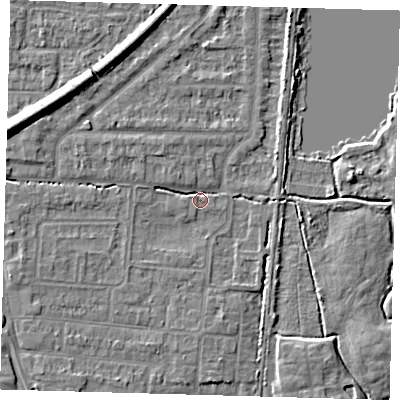 Shaded relief map of the ground around EN87EN, computed from Environment Agency LiDAR. The ground here sits at about 20 m above sea level and falls 9 m across the surrounding 800 m. Surface water reaching this point runs off ground lying to the west-north-west, 2.2 m higher.