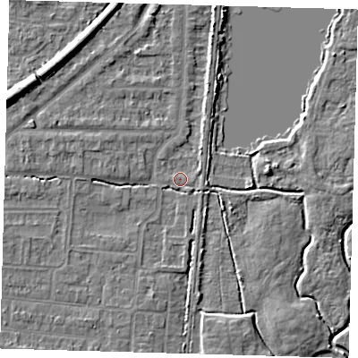 Shaded relief map of the ground around EN87EP, computed from Environment Agency LiDAR. The ground here sits at about 19 m above sea level and falls 9 m across the surrounding 800 m. Surface water reaching this point runs off ground lying to the west-north-west, 3.1 m higher.