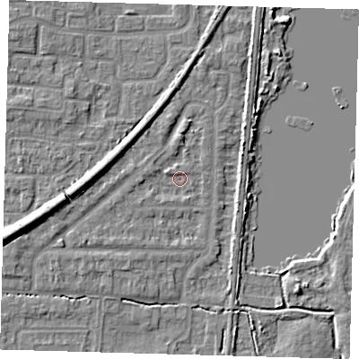 Shaded relief map of the ground around EN87ER, computed from Environment Agency LiDAR. The ground here sits at about 19 m above sea level and falls 9 m across the surrounding 800 m. Surface water reaching this point runs off ground lying to the north, 1.7 m higher.