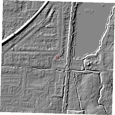 Shaded relief map of the ground around EN87ES, computed from Environment Agency LiDAR. The ground here sits at about 20 m above sea level and falls 9 m across the surrounding 800 m. Surface water reaching this point runs off ground lying to the west, 3.1 m higher.