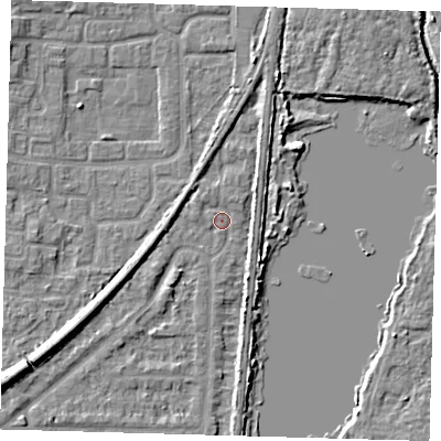 Shaded relief map of the ground around EN87ET, computed from Environment Agency LiDAR. The ground here sits at about 20 m above sea level and falls 7 m across the surrounding 800 m. Surface water reaching this point runs off ground lying to the south-west, 6.2 m higher.