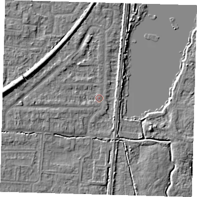 Shaded relief map of the ground around EN87EU, computed from Environment Agency LiDAR. The ground here sits at about 20 m above sea level and falls 9 m across the surrounding 800 m. Surface water reaching this point runs off ground lying to the south-west, 1.0 m higher.