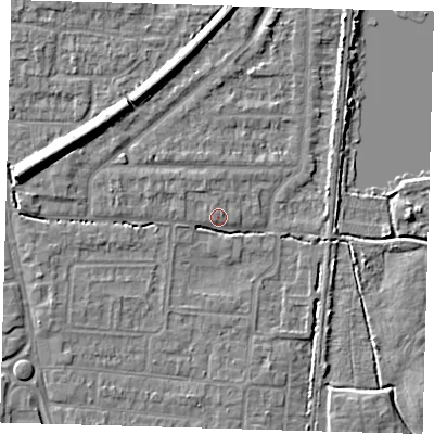 Shaded relief map of the ground around EN87EW, computed from Environment Agency LiDAR. The ground here sits at about 21 m above sea level and falls 10 m across the surrounding 800 m. Surface water reaching this point runs off ground lying to the north-east, 0.6 m higher.