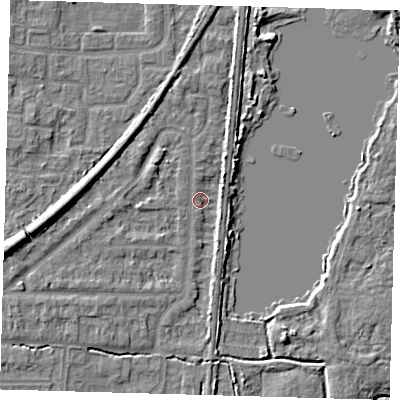 Shaded relief map of the ground around EN87EX, computed from Environment Agency LiDAR. The ground here sits at about 19 m above sea level and falls 8 m across the surrounding 800 m. Surface water reaching this point runs off ground lying to the north, 0.6 m higher.
