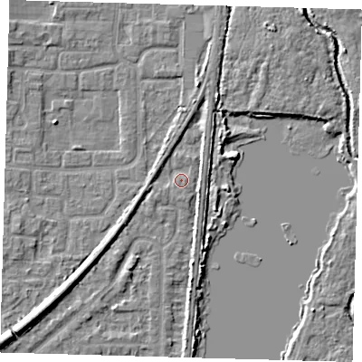 Shaded relief map of the ground around EN87EY, computed from Environment Agency LiDAR. The ground here sits at about 20 m above sea level and falls 7 m across the surrounding 800 m. Surface water reaching this point runs off ground lying to the west-south-west, 1.0 m higher.