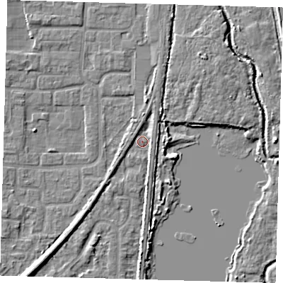 Shaded relief map of the ground around EN87EZ, computed from Environment Agency LiDAR. The ground here sits at about 20 m above sea level and falls 6 m across the surrounding 800 m. Surface water reaching this point runs off ground lying to the north-north-east, 2.2 m higher.
