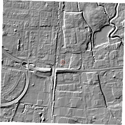 Shaded relief map of the ground around EN87FB, computed from Environment Agency LiDAR. The ground here sits at about 19 m above sea level and falls 8 m across the surrounding 800 m. Surface water reaching this point runs off ground lying to the south-west, 5.9 m higher.