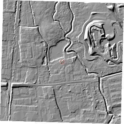Shaded relief map of the ground around EN87FF, computed from Environment Agency LiDAR. The ground here sits at about 19 m above sea level and falls 10 m across the surrounding 800 m. Surface water reaching this point runs off ground lying to the east-north-east, 2.5 m higher.