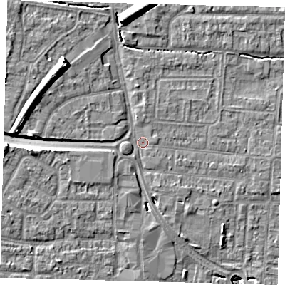 Shaded relief map of the ground around EN87FG, computed from Environment Agency LiDAR. The ground here sits at about 21 m above sea level and falls 12 m across the surrounding 800 m. Surface water reaching this point runs off ground lying to the north-west, 7.8 m higher.