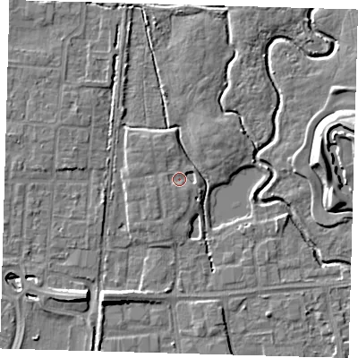 Shaded relief map of the ground around EN87FL, computed from Environment Agency LiDAR. The ground here sits at about 20 m above sea level and falls 9 m across the surrounding 800 m. Surface water reaching this point runs off ground lying to the north-west, 0.9 m higher.