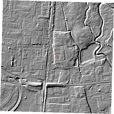 Shaded relief map of the ground around EN87FN, computed from Environment Agency LiDAR. The ground here sits at about 20 m above sea level and falls 8 m across the surrounding 800 m. Surface water reaching this point runs off ground lying to the west-north-west, 2.9 m higher.