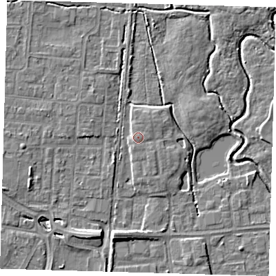 Shaded relief map of the ground around EN87FP, computed from Environment Agency LiDAR. The ground here sits at about 20 m above sea level and falls 8 m across the surrounding 800 m. Surface water reaching this point runs off ground lying to the north-north-east, 0.7 m higher.