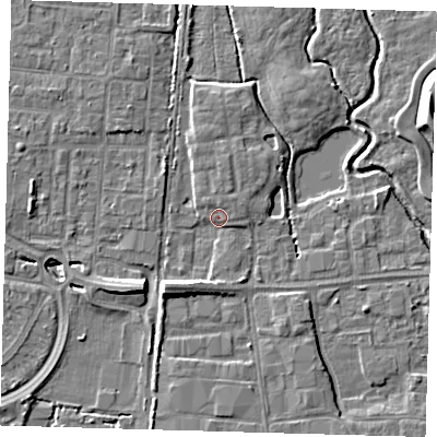 Shaded relief map of the ground around EN87FQ, computed from Environment Agency LiDAR. The ground here sits at about 19 m above sea level and falls 9 m across the surrounding 800 m. Surface water reaching this point runs off ground lying to the south-west, 6.1 m higher.